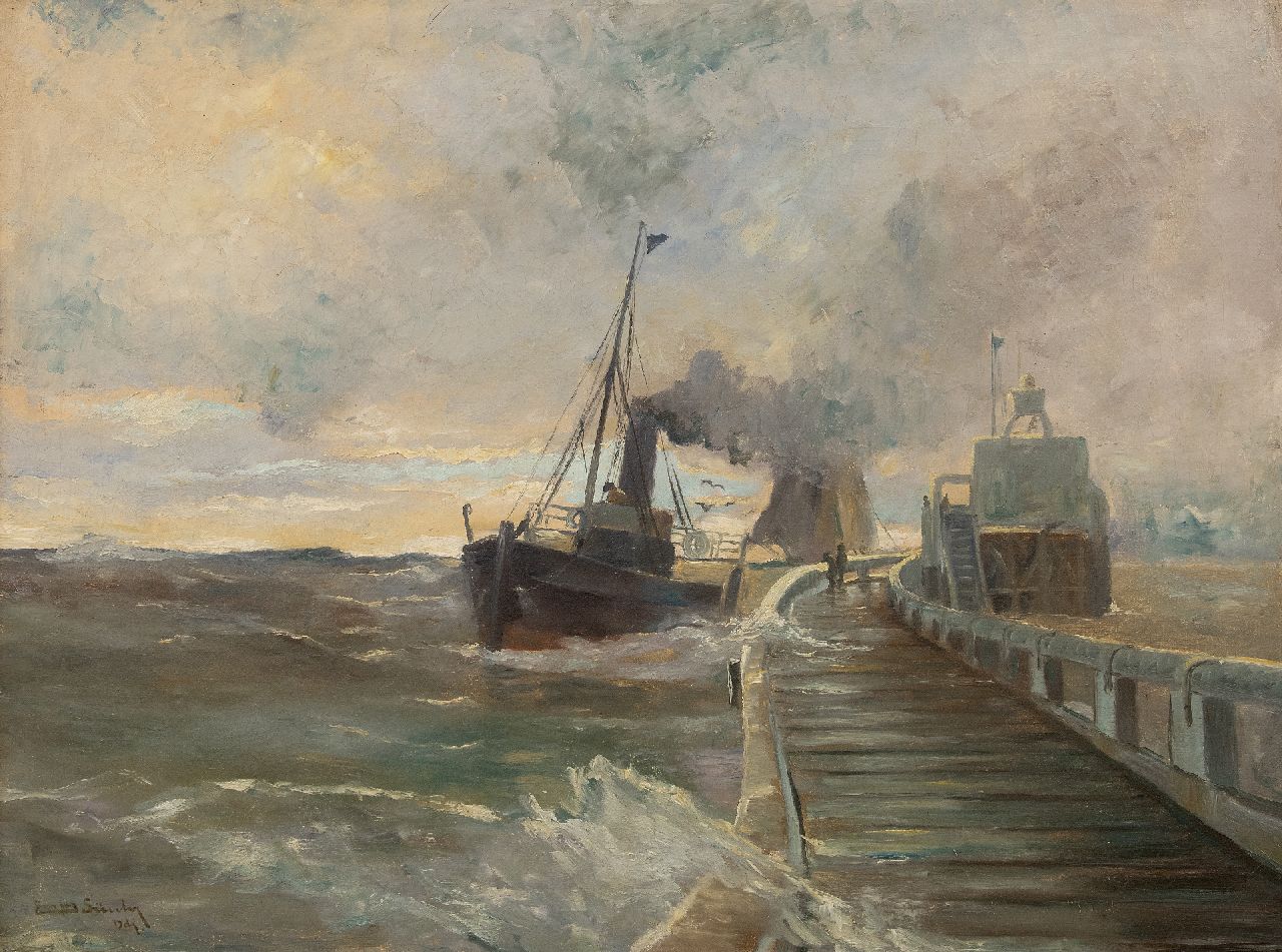 Günther E.C.W.  | 'Erwin' Carl Wilhelm Günther | Gemälde zum Verkauf angeboten | Dampfschiff auf einem Steg bei rauem Wetter, Öl auf Leinwand 60,5 x 80,4 cm, Unterzeichnet u.l.