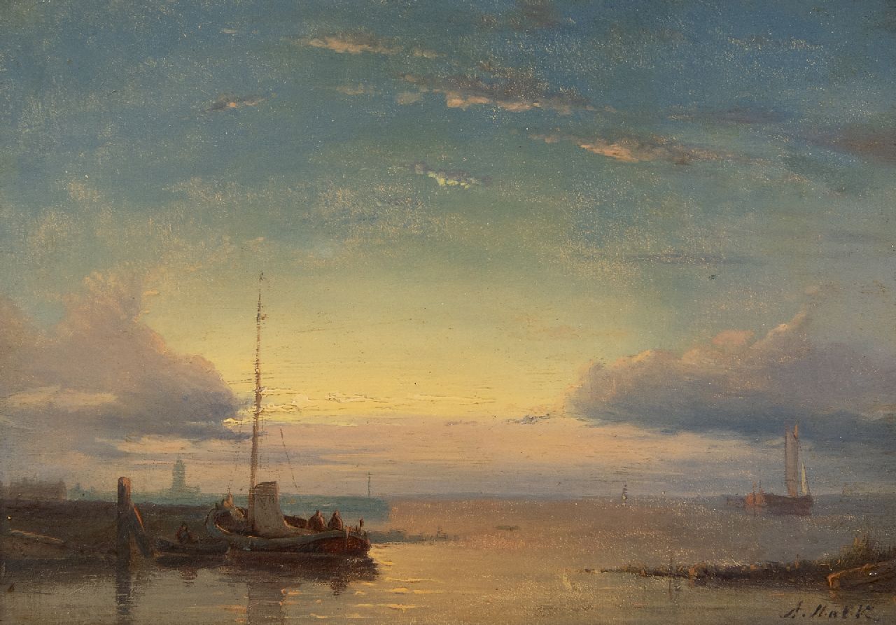 Hulk A.  | Abraham Hulk | Gemälde zum Verkauf angeboten | Schiffe auf ruhiger See bei Sonnenuntergang, Öl auf Holz 16,0 x 23,3 cm, Unterzeichnet r.u. und ohne Rahmen