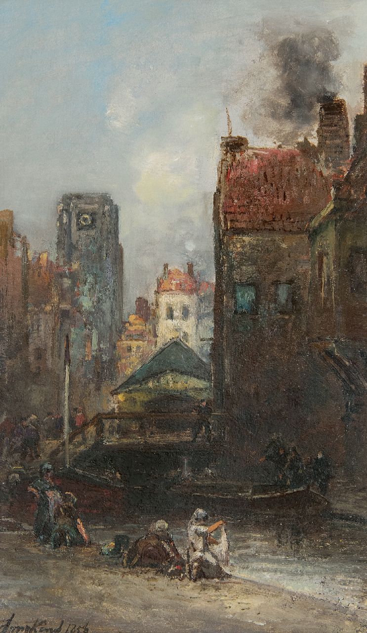 Jongkind J.B.  | Johan Barthold Jongkind | Gemälde zum Verkauf angeboten | Blick auf den Weezenbrug und Vlasmarkt, Rotterdam, Öl auf Holz 37,5 x 22,3 cm, Unterzeichnet l.u. und datiert 1856