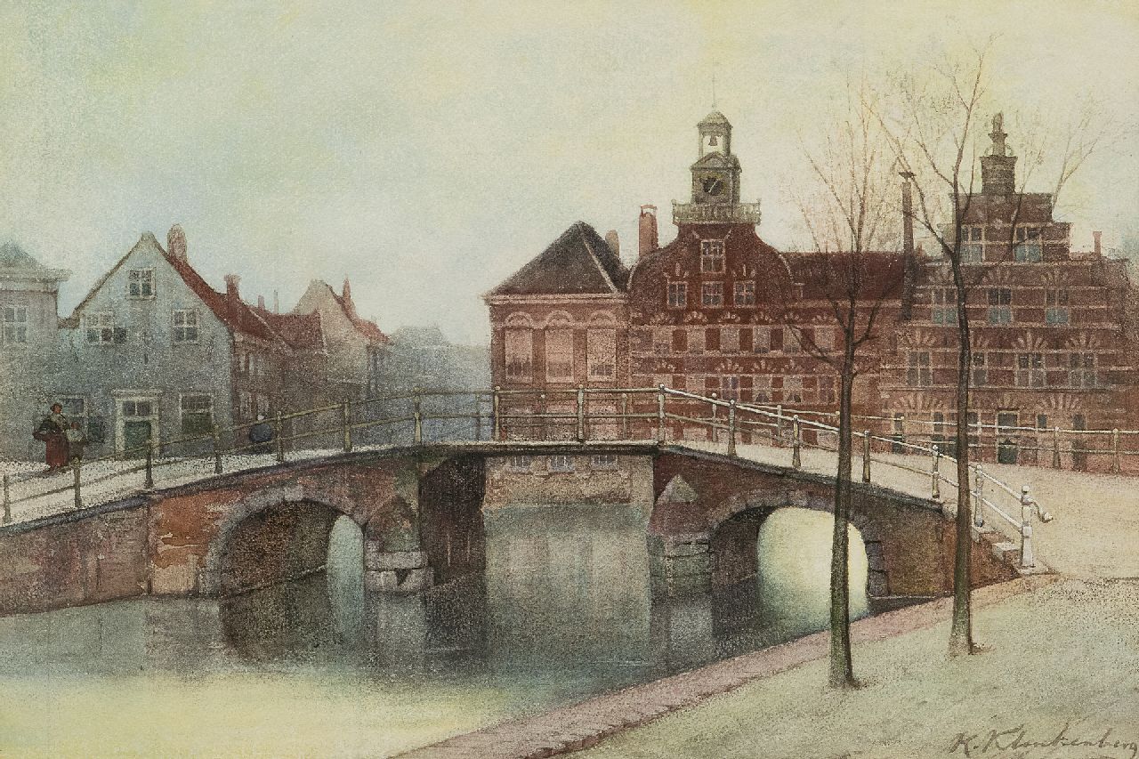 Klinkenberg J.C.K.  | Johannes Christiaan Karel Klinkenberg | Aquarelle und Zeichnungen zum Verkauf angeboten | Niederländischer Kanal mit Brücke am Oude Vrouwenhuis Den Haag (Das alte Frauenhaus), Aquarell auf Papier 29,1 x 41,7 cm, Unterzeichnet u.r.