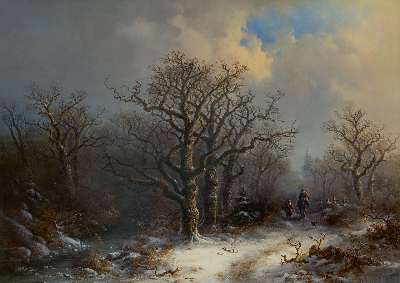 Kluyver P.L.F.  | 'Pieter' Lodewijk Francisco Kluyver | Gemälde zum Verkauf angeboten | Landleute auf einem Landweg im Schnee, Öl auf Holz 61,2 x 84,4 cm, Unterzeichnet r.u.