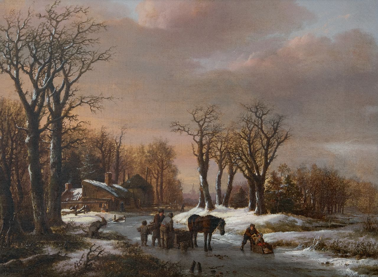 Koekkoek B.C.  | Barend Cornelis Koekkoek | Gemälde zum Verkauf angeboten | Winterlandschaft mit Pferdeschlitten auf dem Eis, Öl auf Leinwand 44,0 x 58,0 cm, Unterzeichnet u.r. und datiert 1824