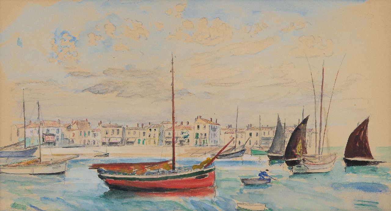 Lebasque H.  | Joseph 'Henri' Baptiste Lebasque, Roter Fischkahn im Hafen von Saint-Tropez, Bleistift und Aquarell auf Papier 24,0 x 44,7 cm, Unterzeichnet u.l.