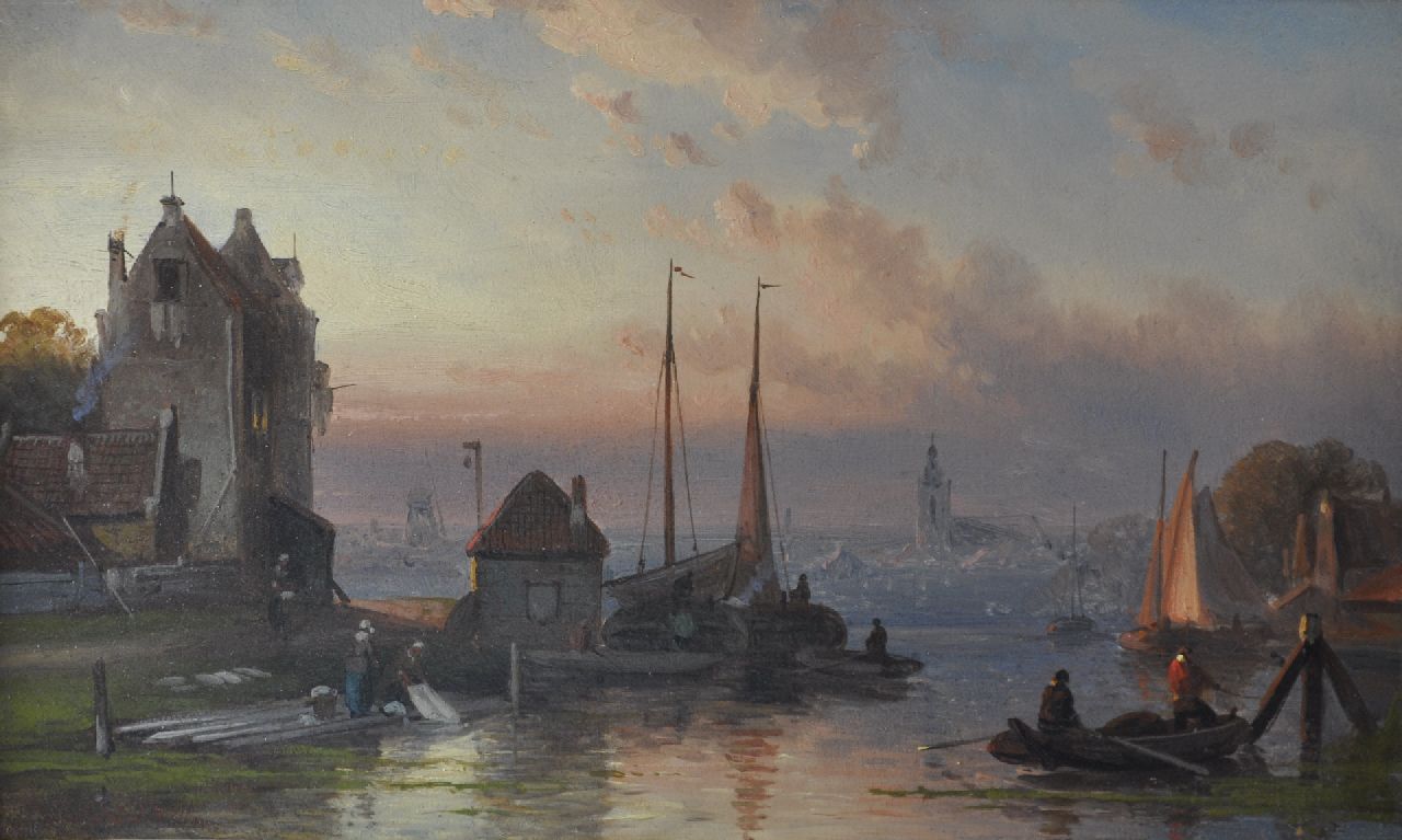 Leickert C.H.J.  | 'Charles' Henri Joseph Leickert | Gemälde zum Verkauf angeboten | Schiffe auf einem Fluss bei Sonnenuntergang, Öl auf Holz 16,3 x 26,3 cm, Unterzeichnet l.u.