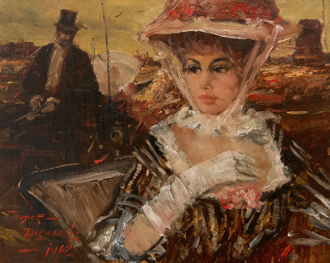 Meyer-Wiegand R.D.  | Rolf Dieter Meyer-Wiegand | Gemälde zum Verkauf angeboten | Elegante Dame in der Kutsche, Öl auf Holz 24,0 x 30,0 cm, Unterzeichnet u.l. und datiert 1962