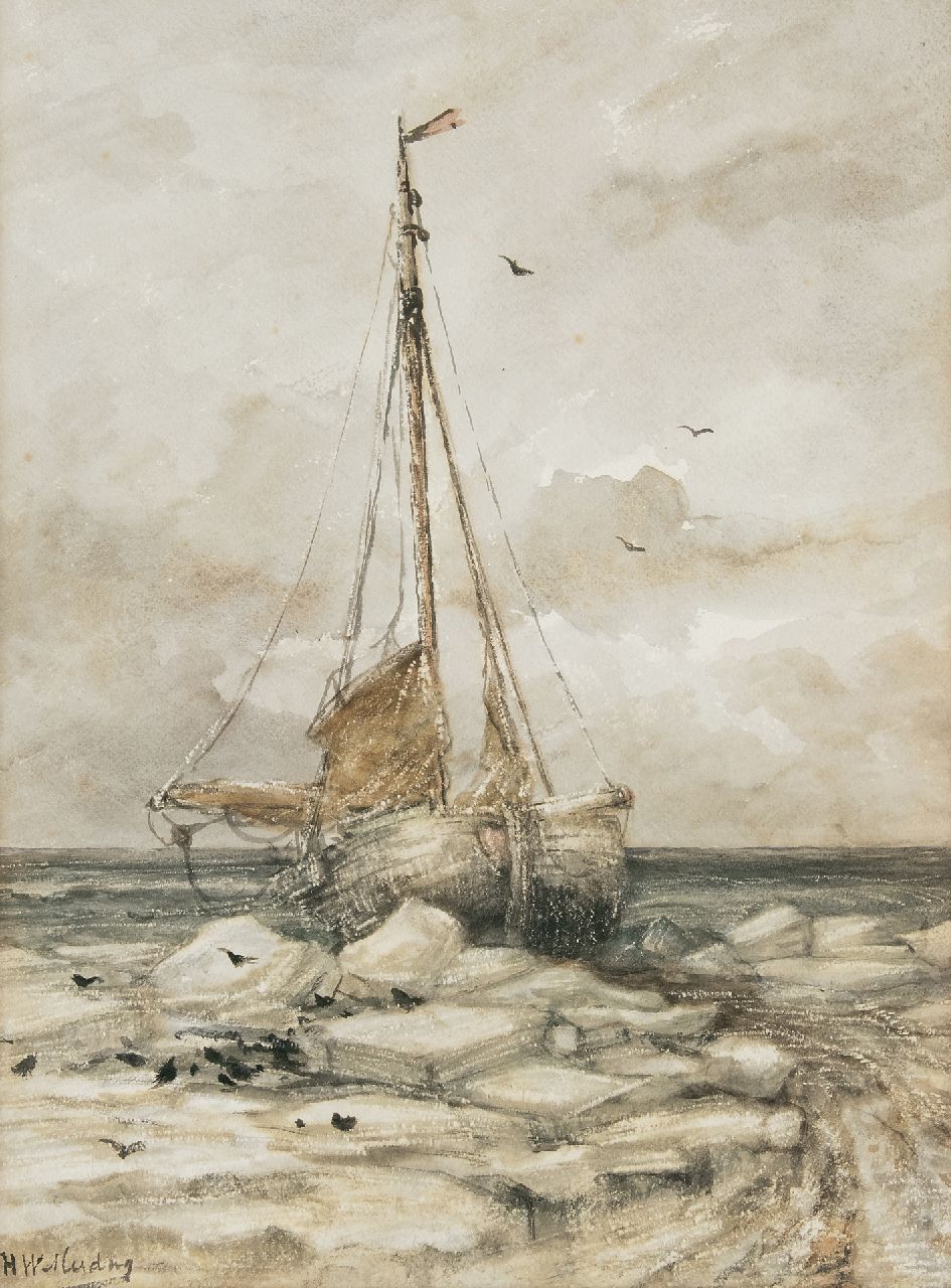 Mesdag H.W.  | Hendrik Willem Mesdag, Bombenboot zwischen den Eisschollen am Strand, Aquarell auf Papier 53,0 x 39,7 cm, Unterzeichnet l.u. und zu datieren um 1891