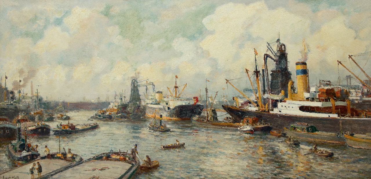 Moll E.  | Evert Moll | Gemälde zum Verkauf angeboten | Blick auf den Maashaven, Rotterdam, Öl auf Leinwand 81,0 x 164,5 cm, Unterzeichnet l.u.
