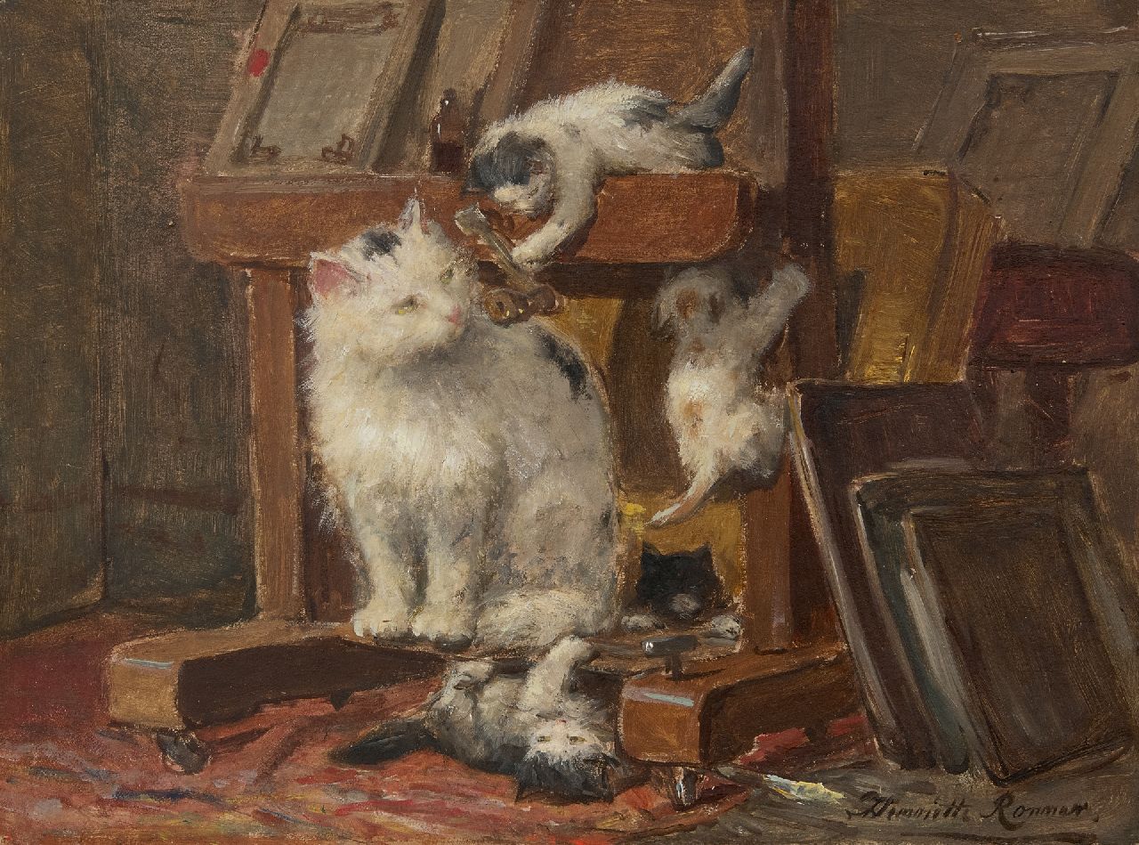 Ronner-Knip H.  | Henriette Ronner-Knip, Mutterkatze mit Kätzchen im Studio, Öl auf Papier auf Holz 28,1 x 37,1 cm, Unterzeichnet r.u.