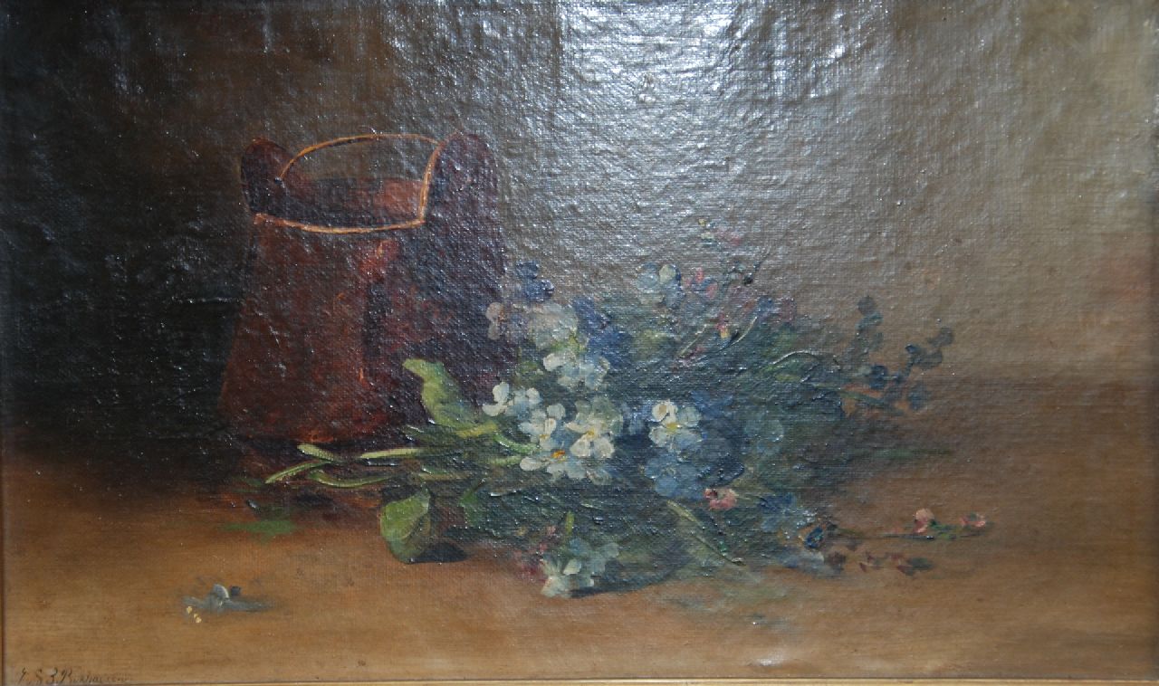 Sande Bakhuyzen G.J. van de | 'Gerardine' Jacoba van de Sande Bakhuyzen | Gemälde zum Verkauf angeboten | Blumenstillleben mit Flieder und Kupfereimer, Öl auf Leinwand 24,3 x 40,0 cm, Unterzeichnet l.u.