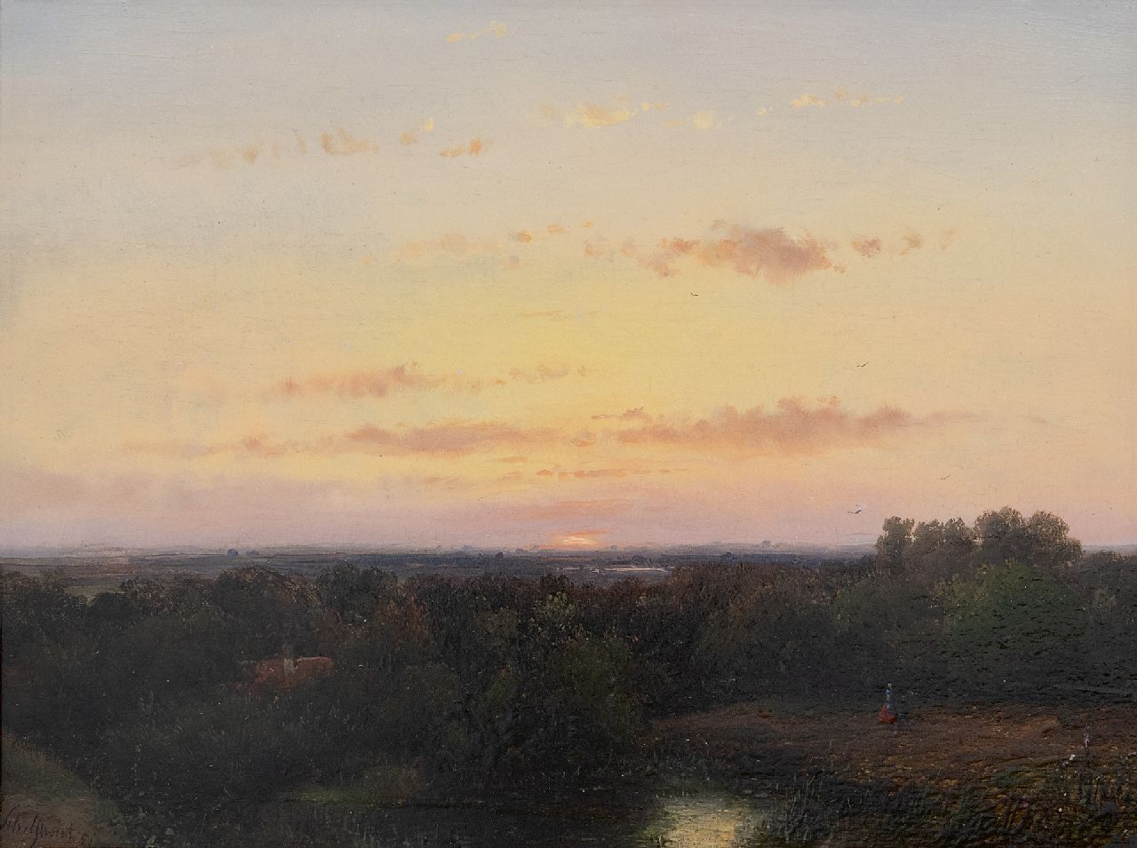 Schelfhout A.  | Andreas Schelfhout | Gemälde zum Verkauf angeboten | Panoramalandschaft bei Sonnenuntergang, Öl auf Holz 21,8 x 29,1 cm, Unterzeichnet l.u. und datiert '51