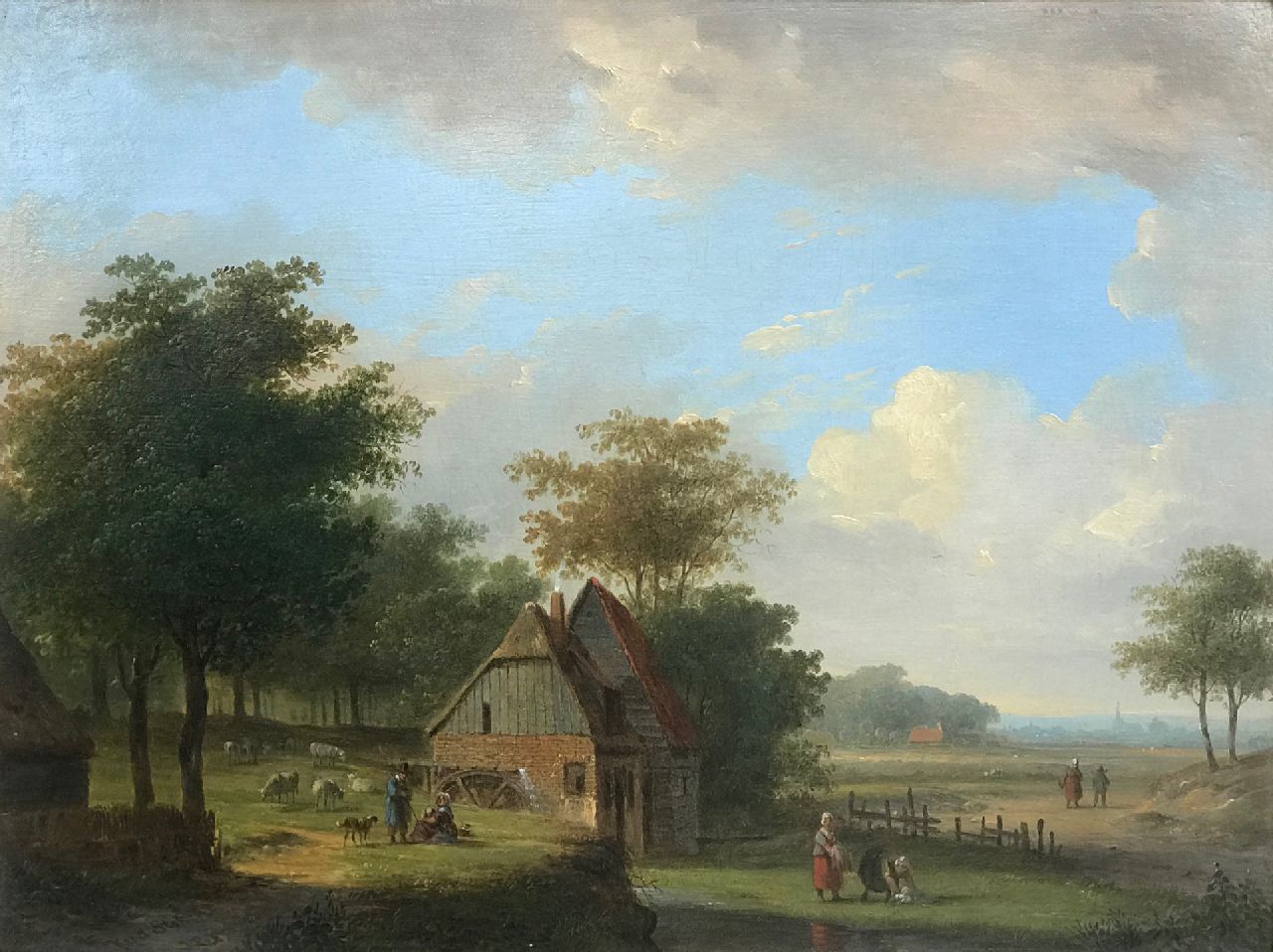 Stok J. van der | Jacobus van der Stok | Gemälde zum Verkauf angeboten | Idyllic landscape with a water mill and country folk, Öl auf Holz 26,0 x 35,4 cm, Unterzeichnet u.l.