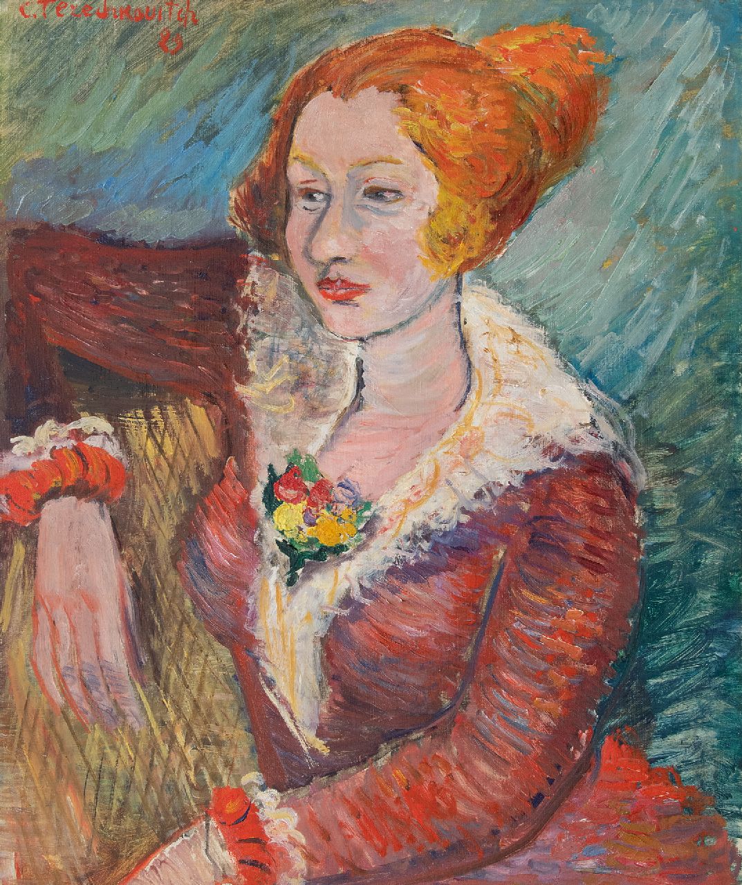 Terechkovitch K.A.  | 'Kostia' Andreevich Terechkovitch | Gemälde zum Verkauf angeboten | Junge Frau im roten Kleid, Öl auf Leinwand 60,5 x 50,2 cm, Unterzeichnet o.l. und datiert '29