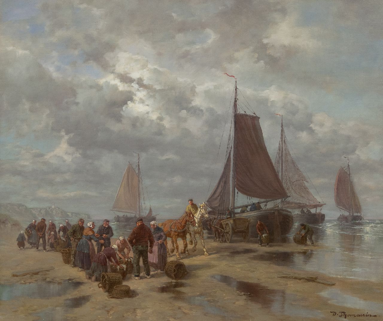 Thomassin D.  | Désiré Thomassin | Gemälde zum Verkauf angeboten | Fischverkauf am Strand, Öl auf Leinwand 50,5 x 60,5 cm, Unterzeichnet r.u.