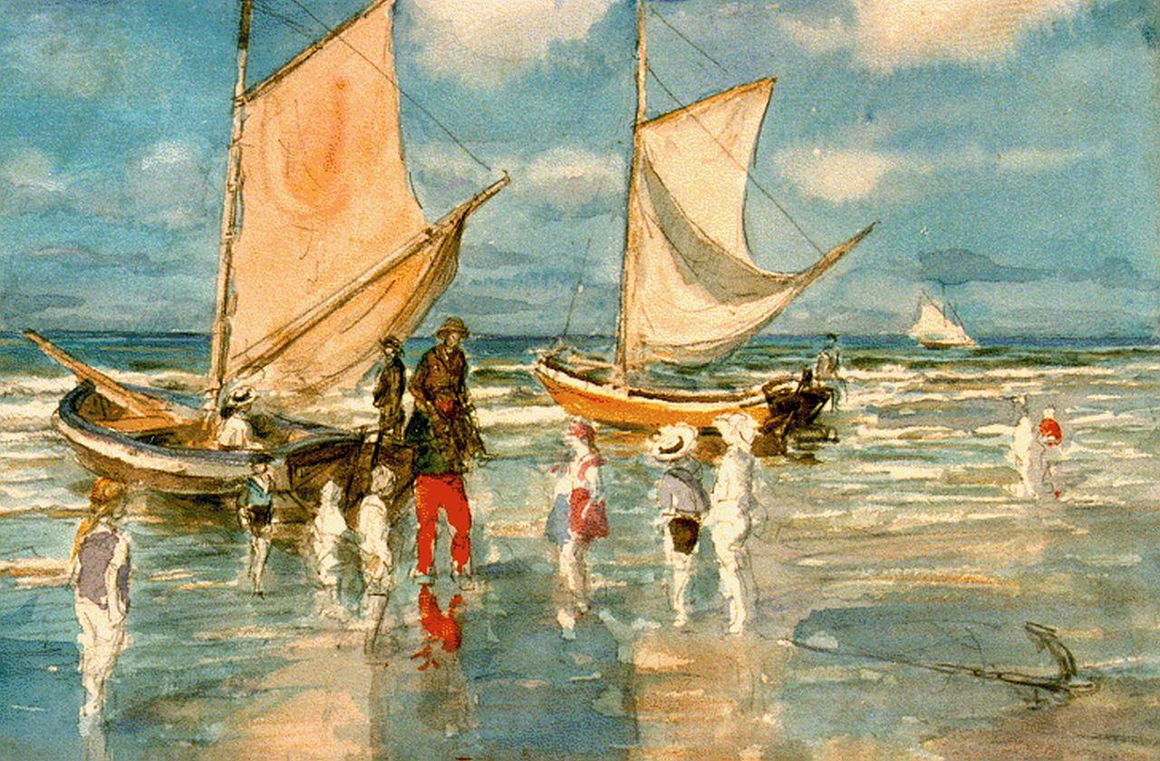 Jonge J.A. de | Johan Antoni de Jonge, Children in the surf, Gemischte Technik auf Papier 25,0 x 34,5 cm, signed l.r. with monogram