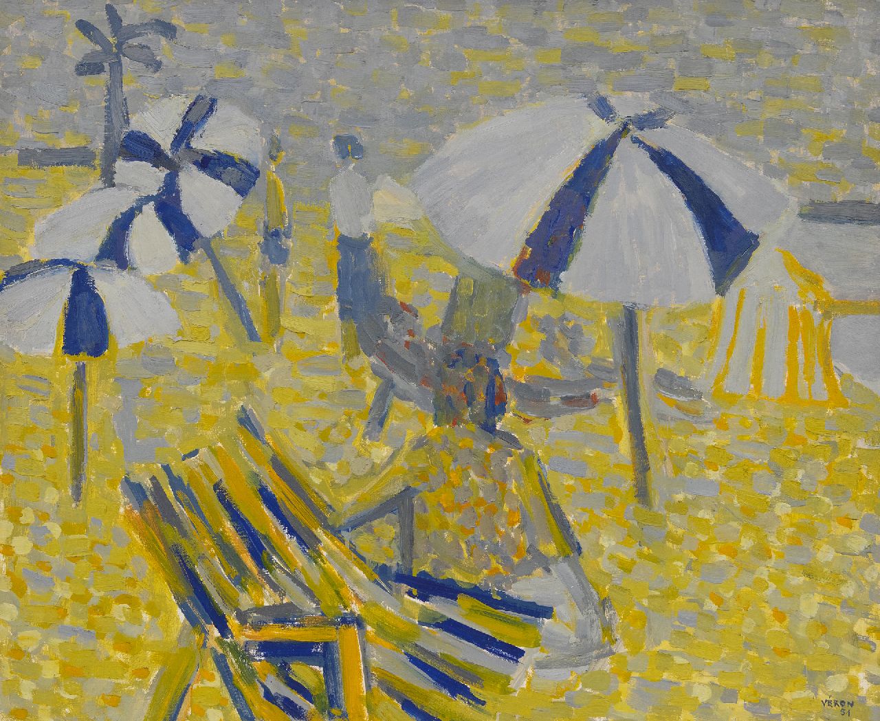 Véron V.  | Véronique Véron | Gemälde zum Verkauf angeboten | Sonnenschirme am Strand, Öl auf Leinwand 54,0 x 65,0 cm, Unterzeichnet r.u. und datiert '51