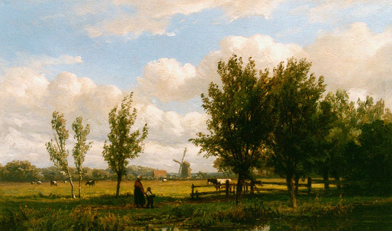 Borselen J.W. van | Jan Willem van Borselen, Figures in a summer landscape, Öl auf Holz 15,8 x 24,8 cm, signed l.r.