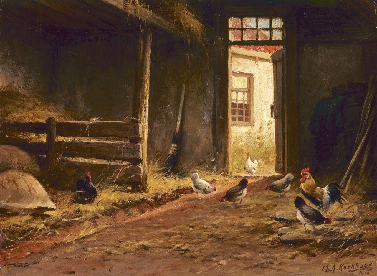 Koekkoek II M.A.  | Marinus Adrianus Koekkoek II, Hühner im Stall, Öl auf Holz 24,1 x 32,5 cm, Unterzeichnet u.r. und datiert '1905