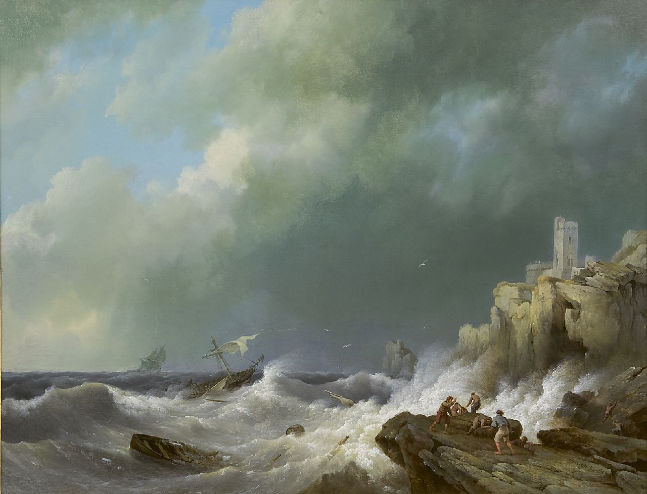Koekkoek H.  | Hermanus Koekkoek | Gemälde zum Verkauf angeboten | Schiffbruch vor Felsenküste, Öl auf Holz 42,5 x 55,5 cm, Unterzeichnet u.r. und datiert 1834