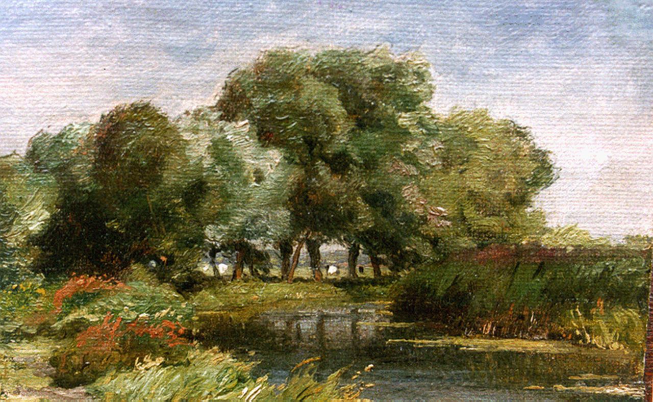 Borselen J.W. van | Jan Willem van Borselen, A river landscape, Öl auf Leinwand auf Holz 12,8 x 19,4 cm, signed l.r. vague