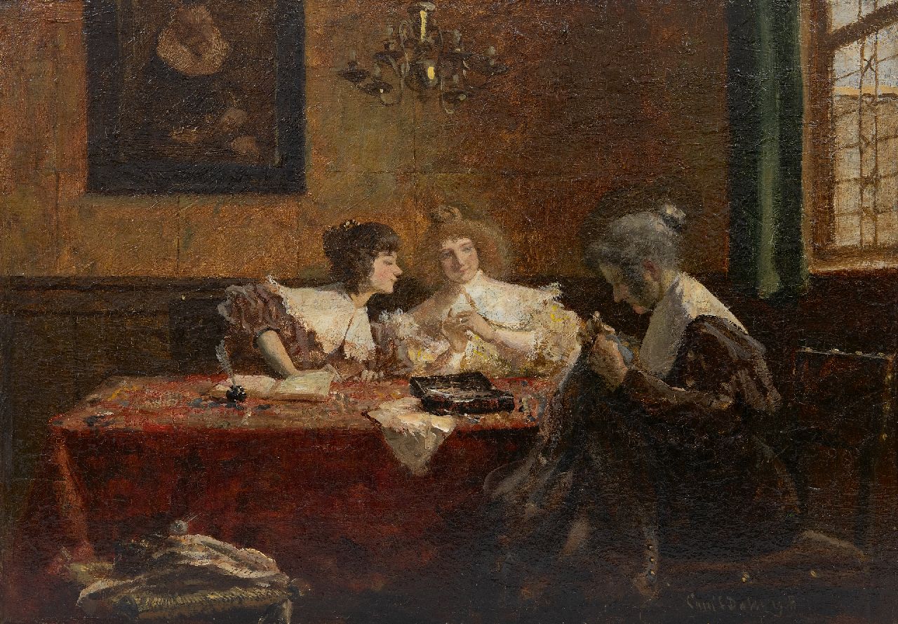 Dake C.L.  | Carel Lodewijk Dake | Gemälde zum Verkauf angeboten | Drei Frauen in einem Innenraum, Öl auf Holz 34,9 x 49,1 cm, Unterzeichnet u.r. und datiert 1908