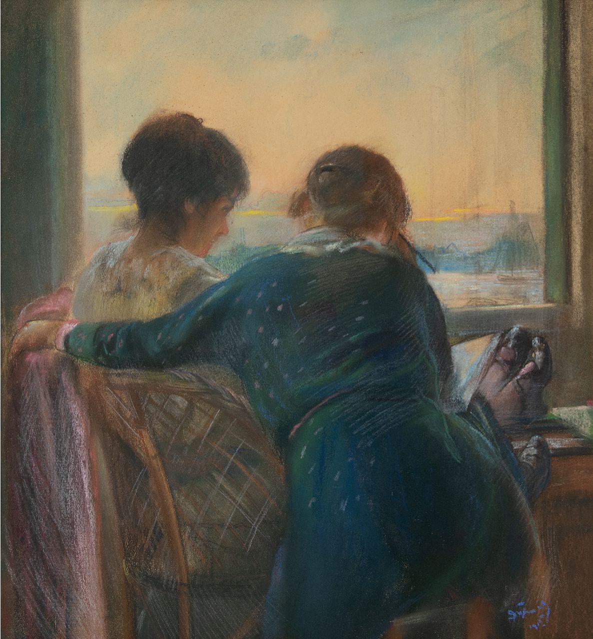 Dijkwel M.  | Mattheus 'Theo' Dijkwel, Zwei Mädchen am Fenster, Pastell auf Papier 55,0 x 50,7 cm, Unterzeichnet u.r. und datiert 1915