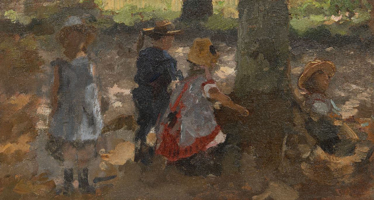 Tholen W.B.  | Willem Bastiaan Tholen, Spielende Kinder in den Scheveningse Bosjes, Den Haag, Öl auf Leinwand auf Holz 23,6 x 43,5 cm, Unterzeichnet u.r.