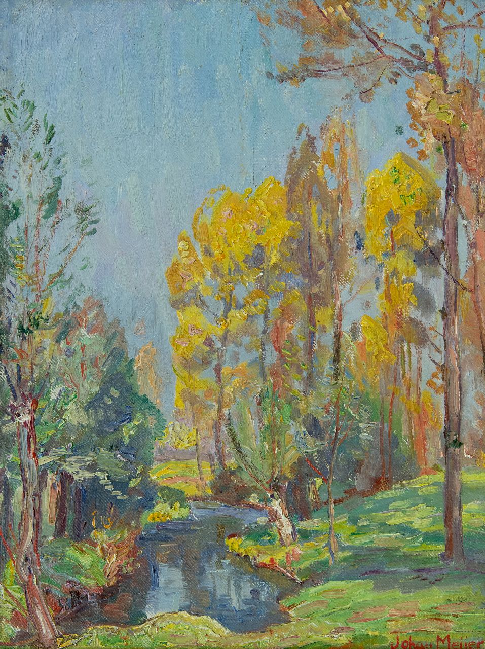 Meijer J.  | Johannes 'Johan' Meijer, Sonniger Herbstwald, Öl auf Leinwand  auf Holzfaser 29,1 x 22,3 cm, Unterzeichnet u.r.