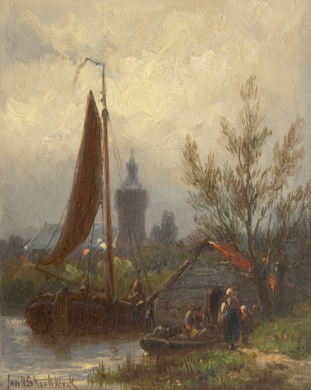 Koekkoek J.H.B.  | Johannes Hermanus Barend 'Jan H.B.' Koekkoek, Ein Kanal mit Schiffe und Figuren, Öl auf Holz 11,4 x 9,3 cm, Unterzeichnet u.l.