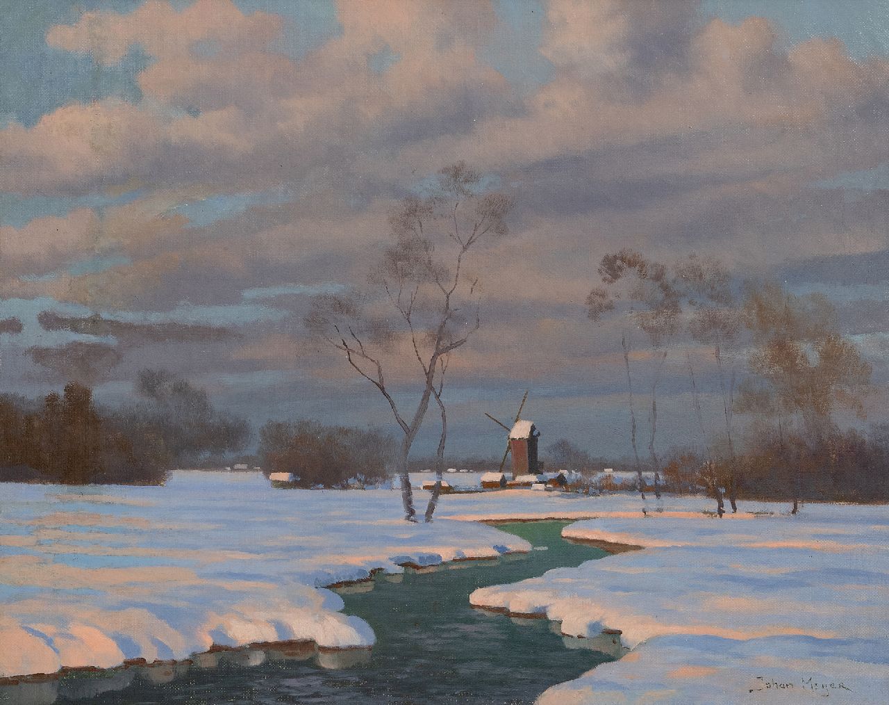 Meijer J.  | Johannes 'Johan' Meijer | Gemälde zum Verkauf angeboten | Schneelandschaft mit Windmühle, Öl auf Leinwand 40,1 x 50,0 cm, Unterzeichnet u.r.