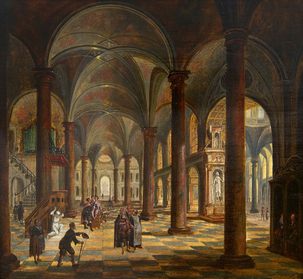 Christian Stöcklin | Kircheninnenraum mit Figuren, Öl auf Holz, 27,5 x 30,9 cm, Unterzeichnet m.u.