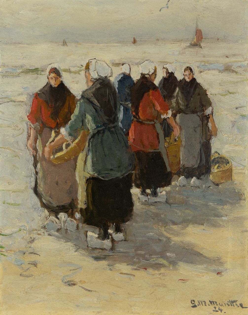 Munthe G.A.L.  | Gerhard Arij Ludwig 'Morgenstjerne' Munthe, Warten auf den Fang am Strand von Katwijk, Öl auf Holzfaser 32,4 x 26,4 cm, Unterzeichnet u.r. und datiert '24