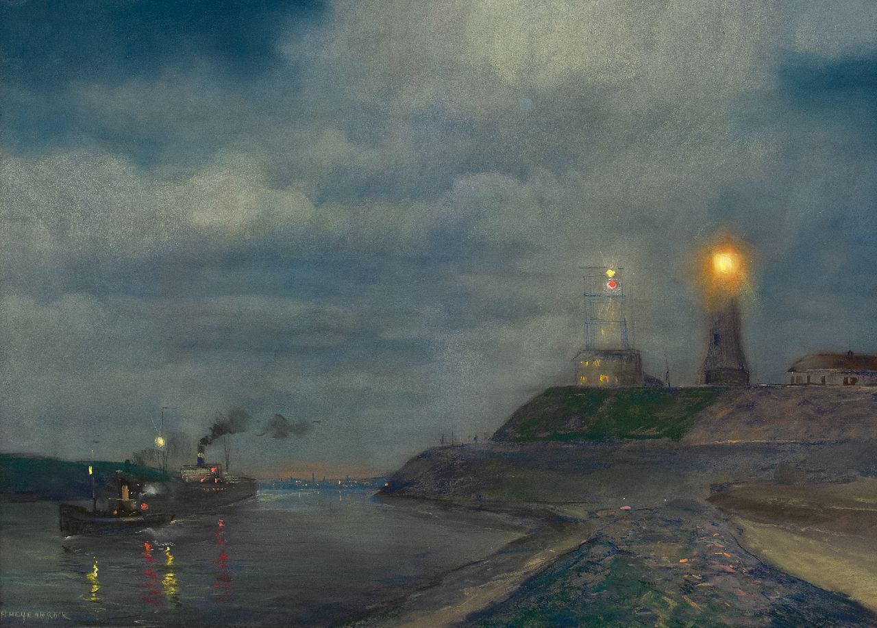 Herman Heijenbrock | Hafenmïndung von IJmuiden am Abend mit Leuchtturm und Semaphor, Pastell auf Papier, 64,5 x 86,5 cm, Unterzeichnet u.l.