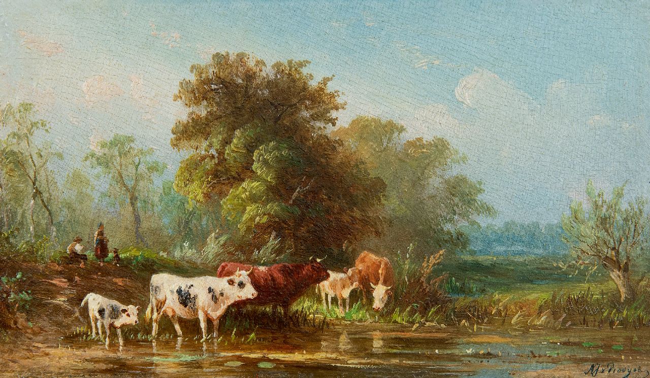 Prooijen A.J. van | Albert Jurardus van Prooijen | Gemälde zum Verkauf angeboten | Landschaft mit Watvieh, Öl auf Holz 8,7 x 15,0 cm, Unterzeichnet u.r.