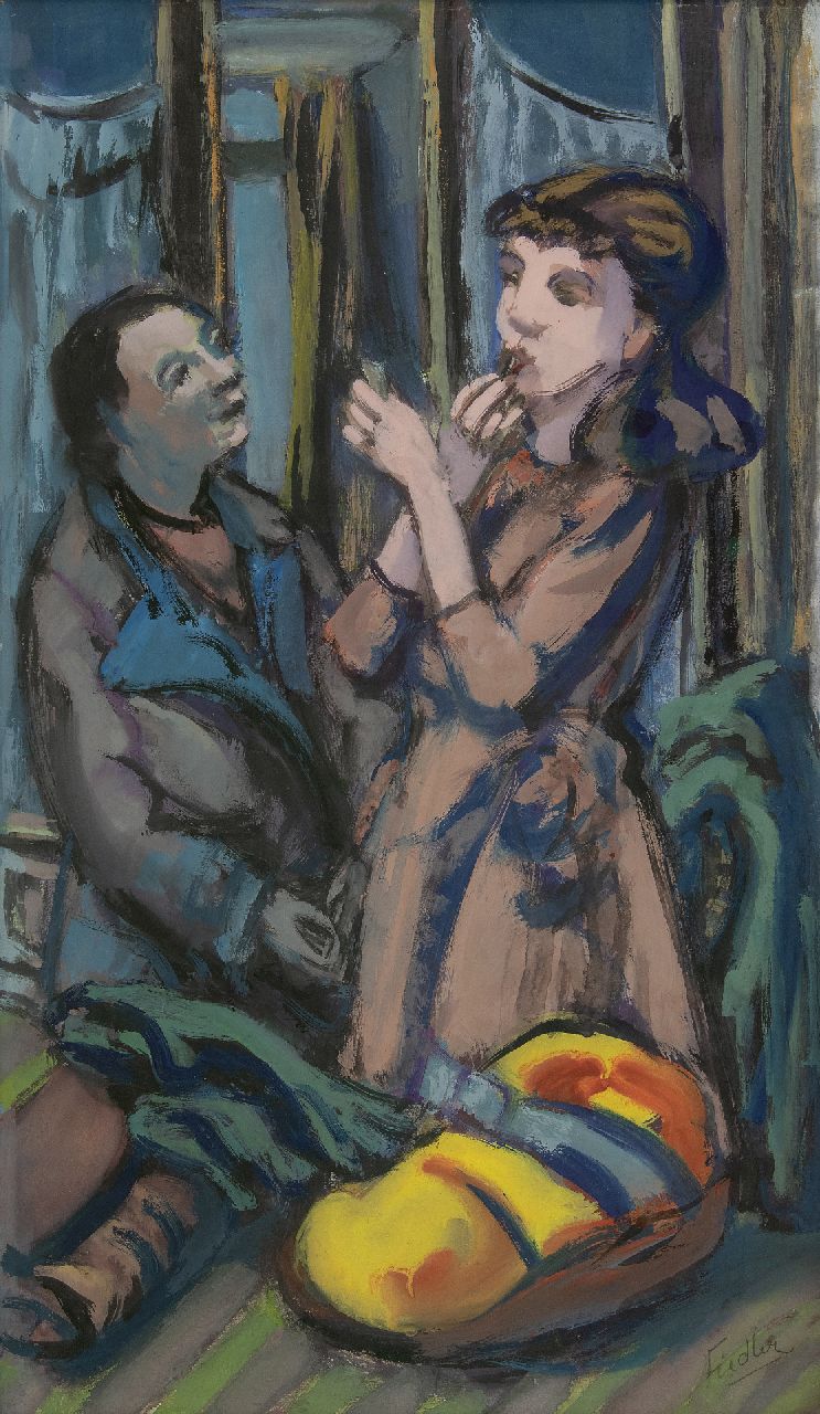 Herbert Fiedler | Mann und Frau in einem Café, Gouache auf  Papier und Holzfaser, 64,8 x 39,7 cm, Unterzeichnet u.r.