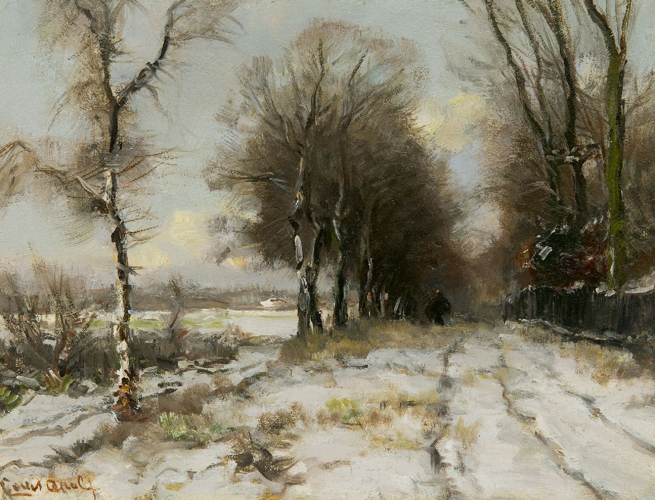 Apol L.F.H.  | Lodewijk Franciscus Hendrik 'Louis' Apol, Holzsammler auf einem Weg im Schnee, Öl auf Holz 21,8 x 28,1 cm, Unterzeichnet u.l.