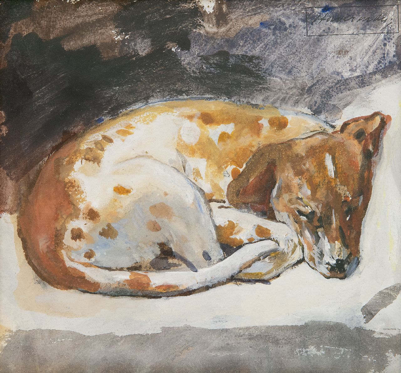 Haverman H.J.  | Hendrik Johannes Haverman | Aquarelle und Zeichnungen zum Verkauf angeboten | Schlafender Hund, Aquarell und Gouache auf Papier 16,4 x 18,0 cm, Unterzeichnet o.r. mit Studiostempel