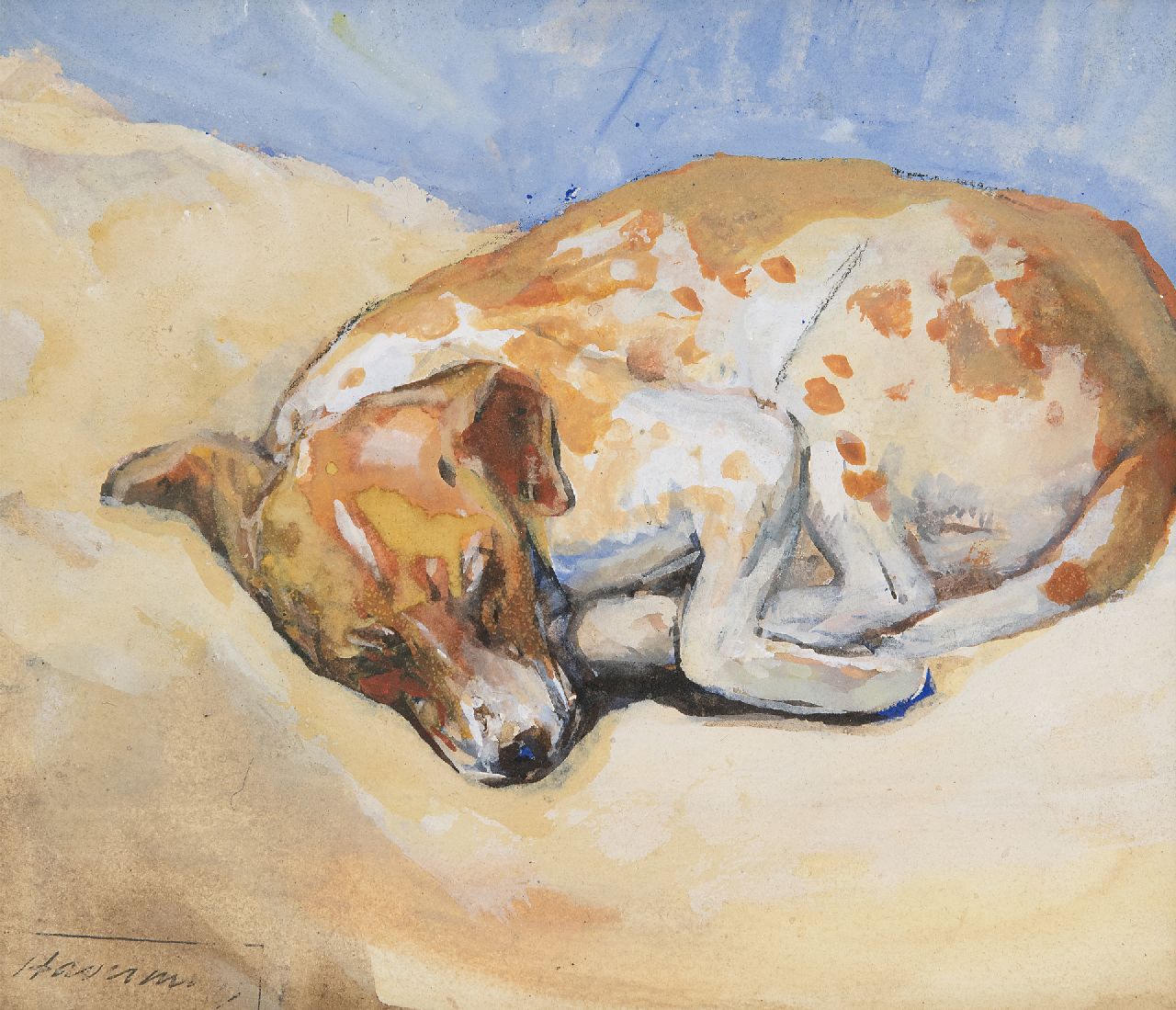 Haverman H.J.  | Hendrik Johannes Haverman | Aquarelle und Zeichnungen zum Verkauf angeboten | Schlafender Hund, Aquarell und Gouache auf Papier 15,7 x 18,4 cm, Unterzeichnet u.l. mit Studiostempel