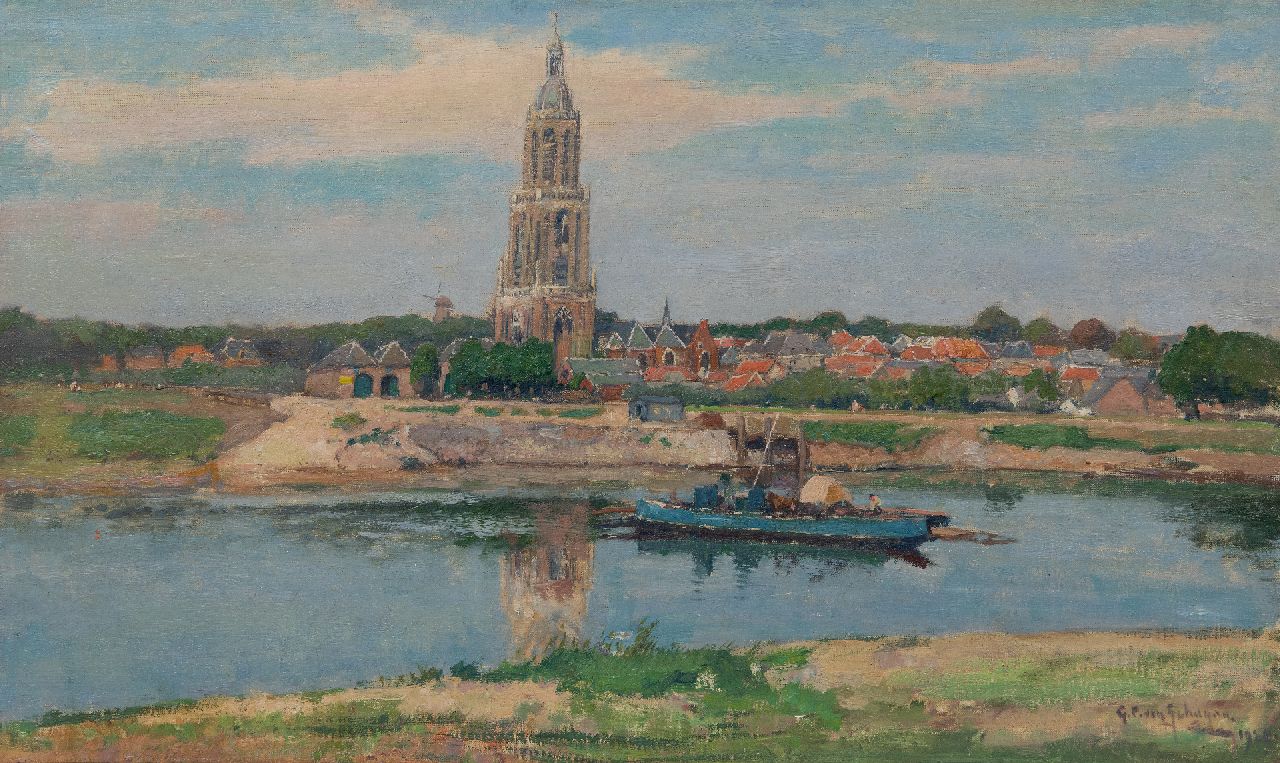 Schagen G.F. van | Gerbrand Frederik van Schagen | Gemälde zum Verkauf angeboten | Blick auf Rhenen und die Cunerakerk, die Fähre im Vordergrund, Öl auf Leinwand 38,4 x 64,8 cm, Unterzeichnet u.r. und datiert 1929