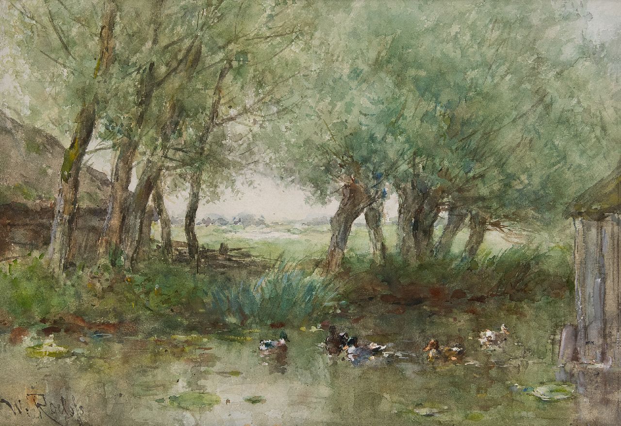 Roelofs W.  | Willem Roelofs, Enten im Wasser unter Weiden, Aquarell auf Papier 33,7 x 47,9 cm, Unterzeichnet u.l.