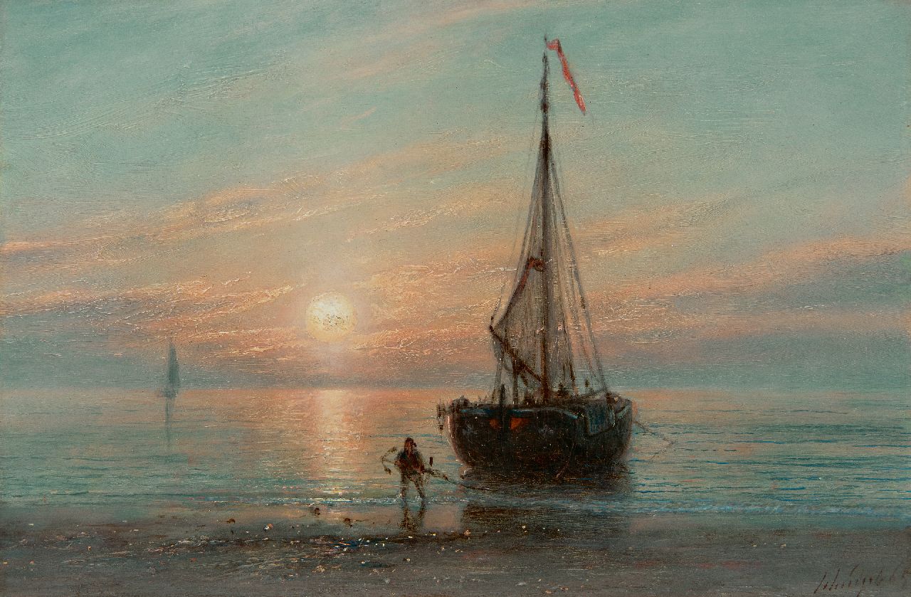 Schiedges P.P.  | Petrus Paulus Schiedges, Zurückgegebene Fischerboot bei Sonnenuntergang, Öl auf Holz 18,7 x 27,9 cm, Unterzeichnet u.r. und datiert '65