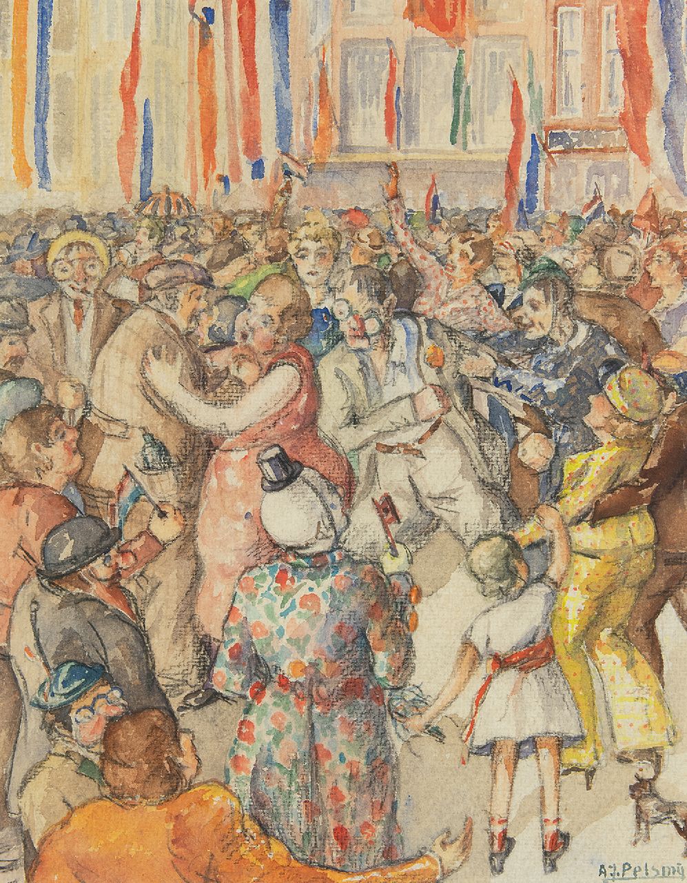 Anne Jan Pelsma | Strassenparty, crayon and watercolour on paper, 29,5 x 23,5 cm, Unterzeichnet u.r.