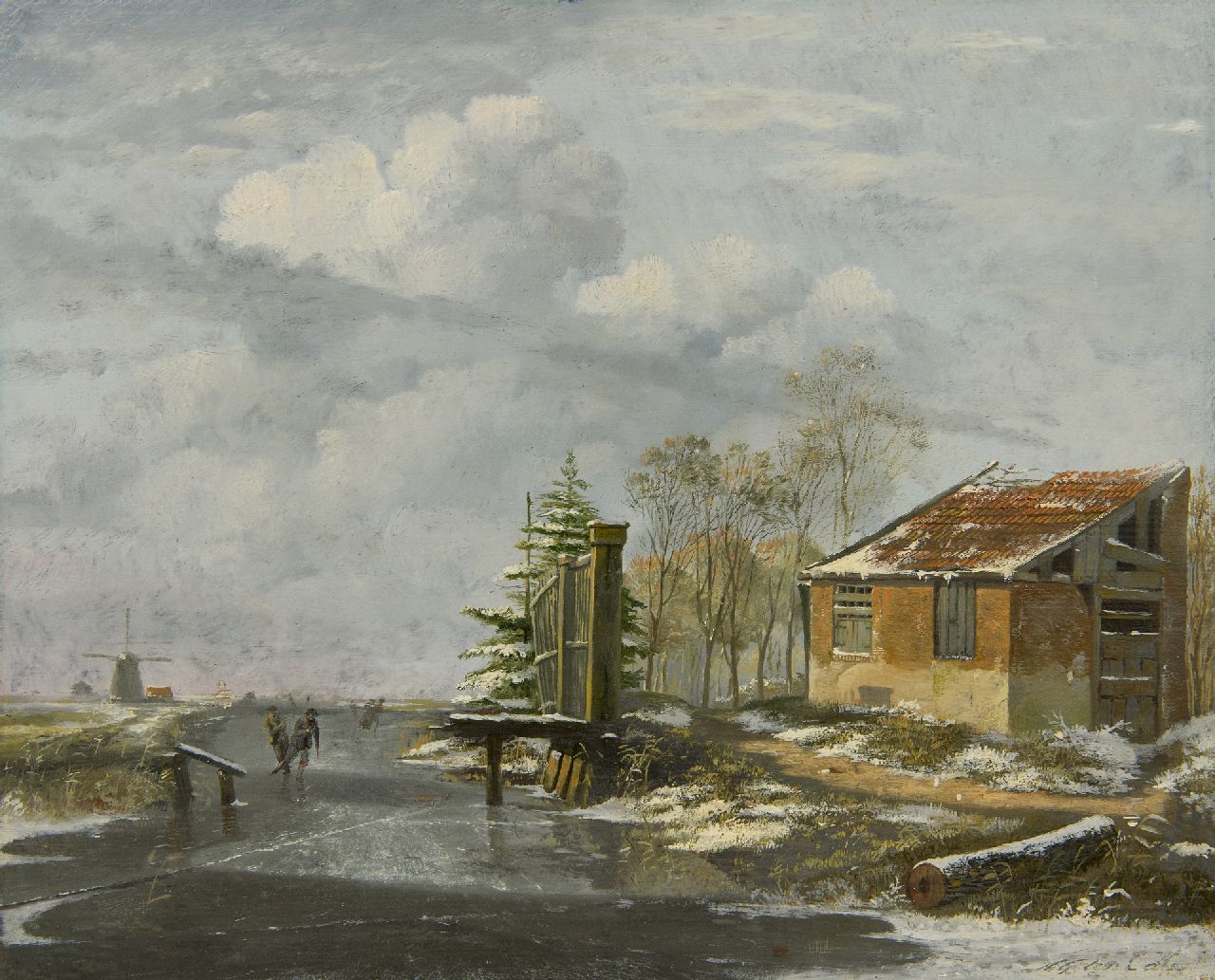 Cate H.G. ten | Hendrik Gerrit ten Cate | Gemälde zum Verkauf angeboten | Winterlandschaft mit Schlittschuhläufer, Öl auf Holz 25,8 x 31,9 cm, Unterzeichnet u.r.