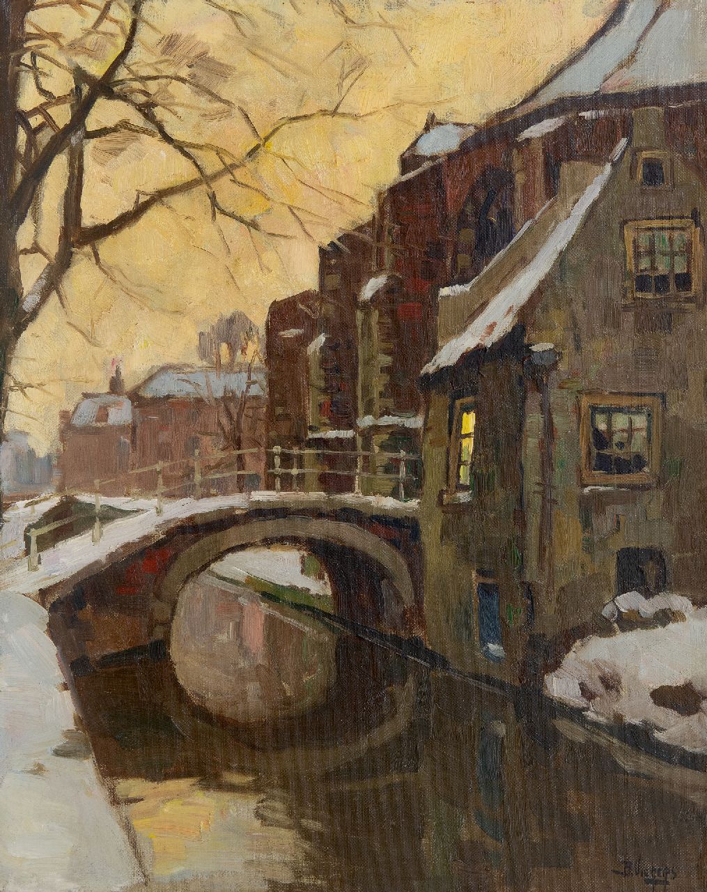 Viegers B.P.  | Bernardus Petrus 'Ben' Viegers, Winteransicht der Nieuwe Kerk in Delft, Öl auf Leinwand 50,1 x 40,0 cm, Unterzeichnet u.r.