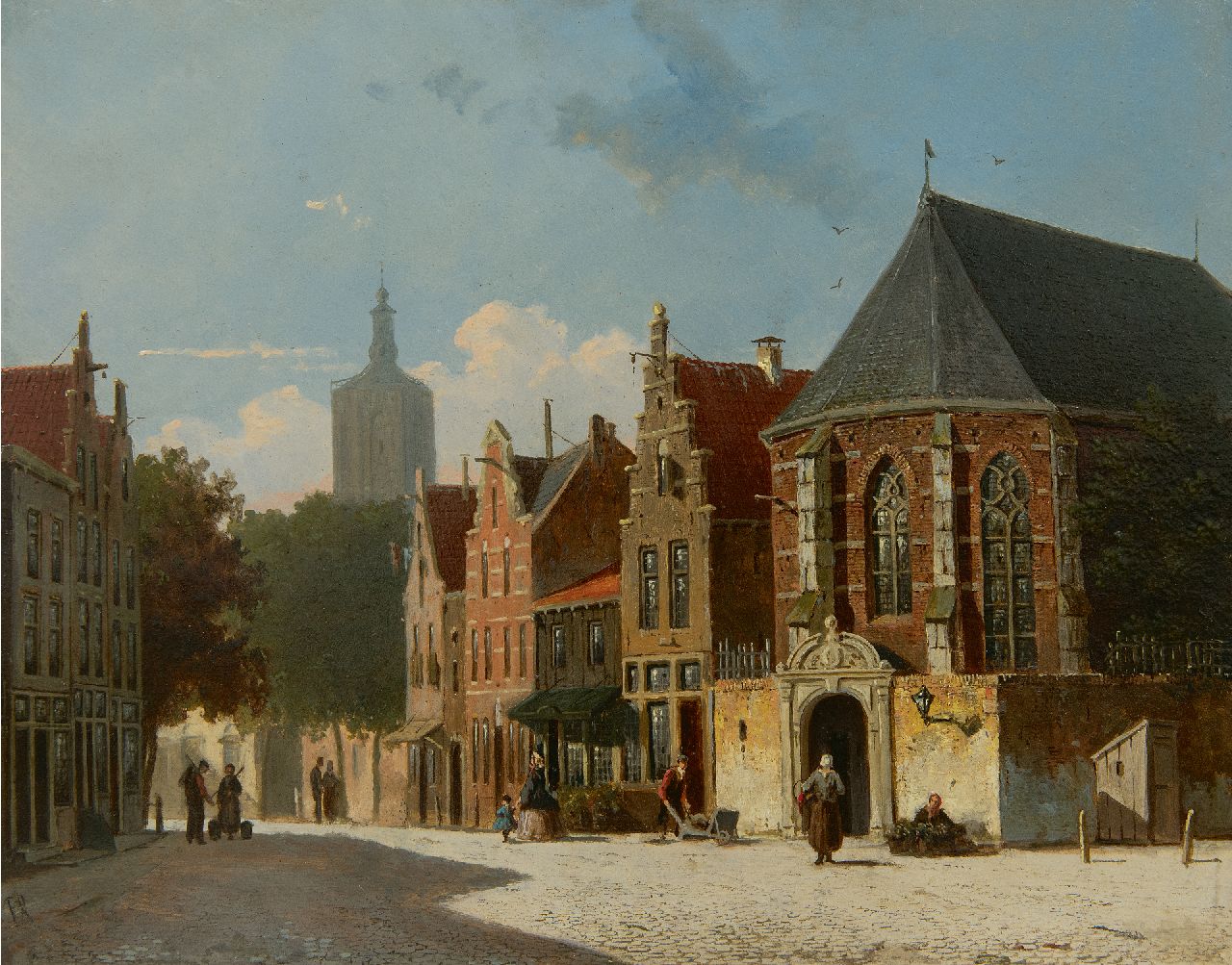 Roosdorp F.  | Frederik Roosdorp, Der Groen Markt in Den Haag mit dem Turm der Große Kirche im Hintergrund, Öl auf Holz 26,5 x 33,5 cm, Unterzeichnet l.u. mit Monogramm