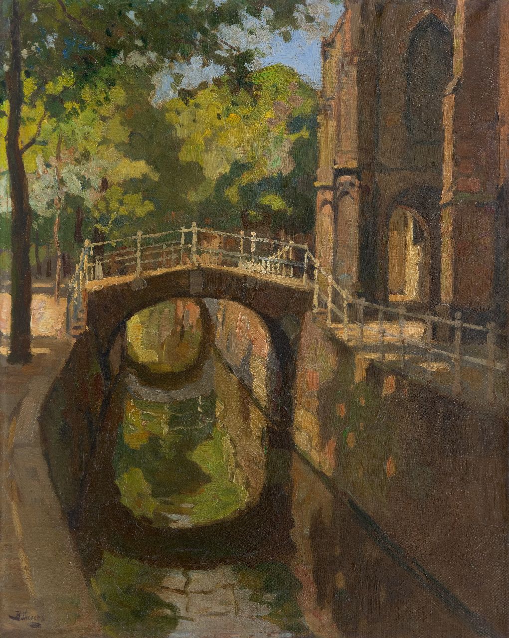 Viegers B.P.  | Bernardus Petrus 'Ben' Viegers, Sommerstadtbild in Delft, Öl auf Leinwand 50,2 x 40,3 cm, Unterzeichnet u.l.