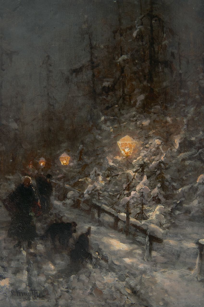 Munthe L.  | Ludwig Munthe, Abendlicher Winterweg mit Figuren im Lampenlicht, Öl auf Holz 40,9 x 27,7 cm, Unterzeichnet u.l.