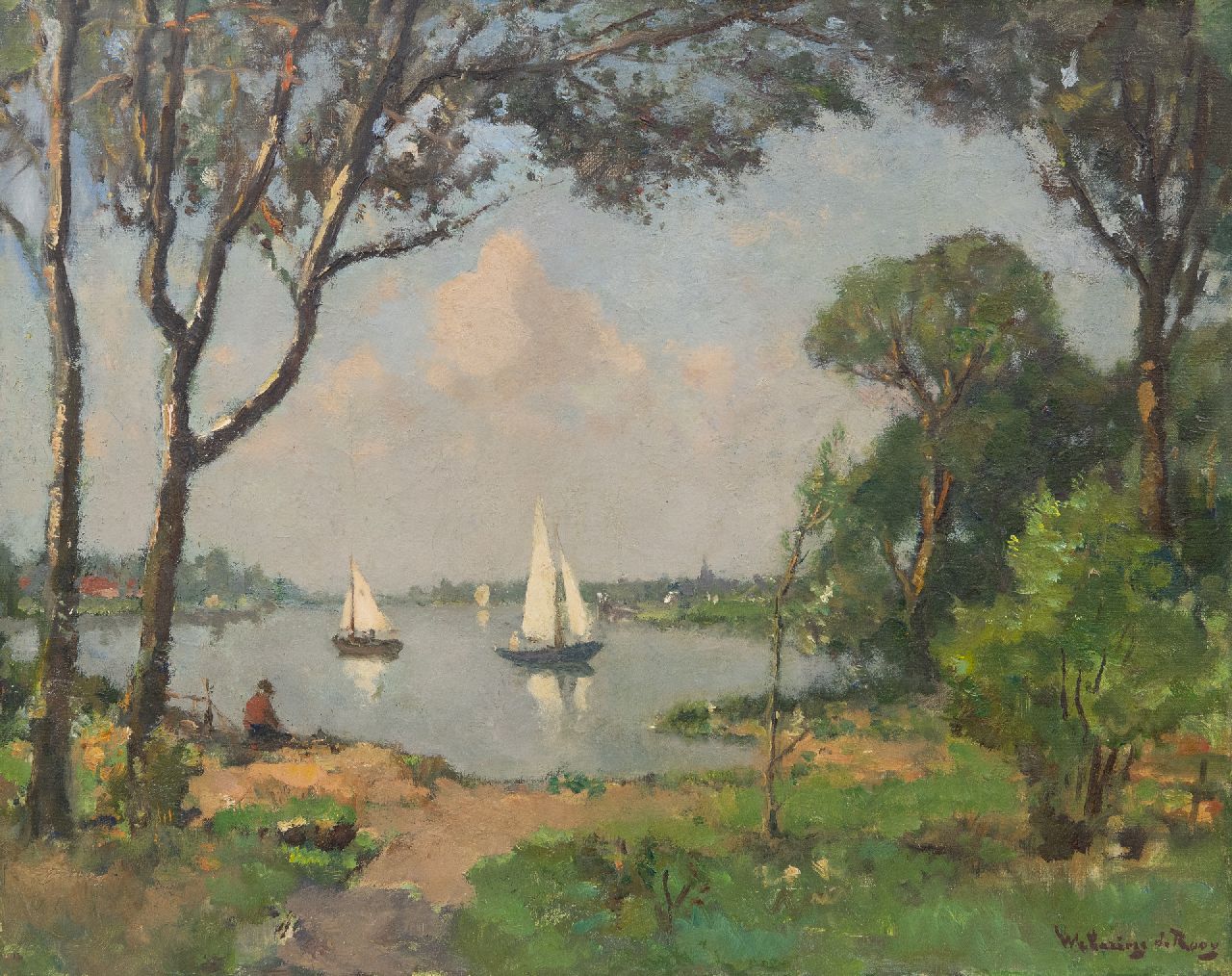 Wetering de Rooij J.E. van de | Johannes Embrosius van de Wetering de Rooij, Segelboote auf den Kagerplassen, Öl auf Leinwand 40,6 x 50,3 cm, Unterzeichnet u.r.