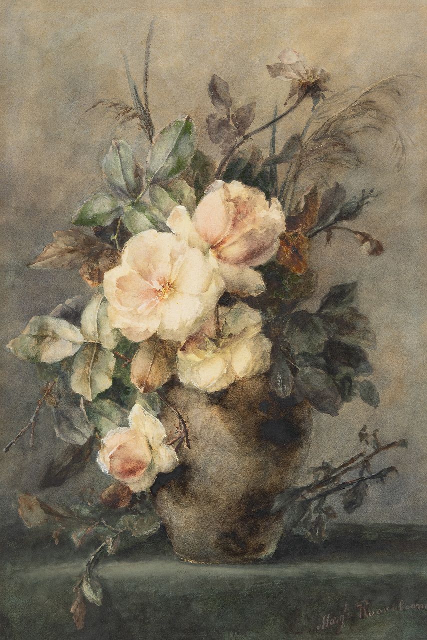 Roosenboom M.C.J.W.H.  | 'Margaretha' Cornelia Johanna Wilhelmina Henriëtta Roosenboom, Rosen in Steinkrug, Aquarell auf Papier 65,0 x 43,4 cm, Unterzeichnet u.r.