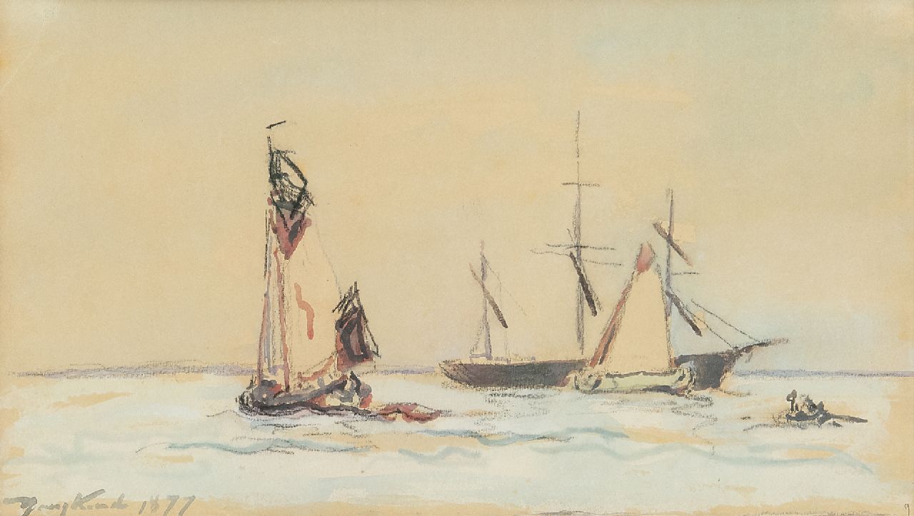 Jongkind J.B.  | Johan Barthold Jongkind, Segelschiffe auf  den Fluss, crayon and watercolour on paper 15,0 x 26,0 cm, Unterzeichnet u.l. und datiert 1877
