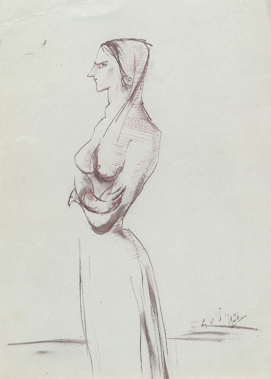 Schnell G. van | Gabriel van Schnell | Aquarelle und Zeichnungen zum Verkauf angeboten | Bildnis einer stehenden Dame mit Kopftuch, Tinte auf Papier 22,8 x 17,7 cm, Unterzeichnet mit Initialen und datiert 1936